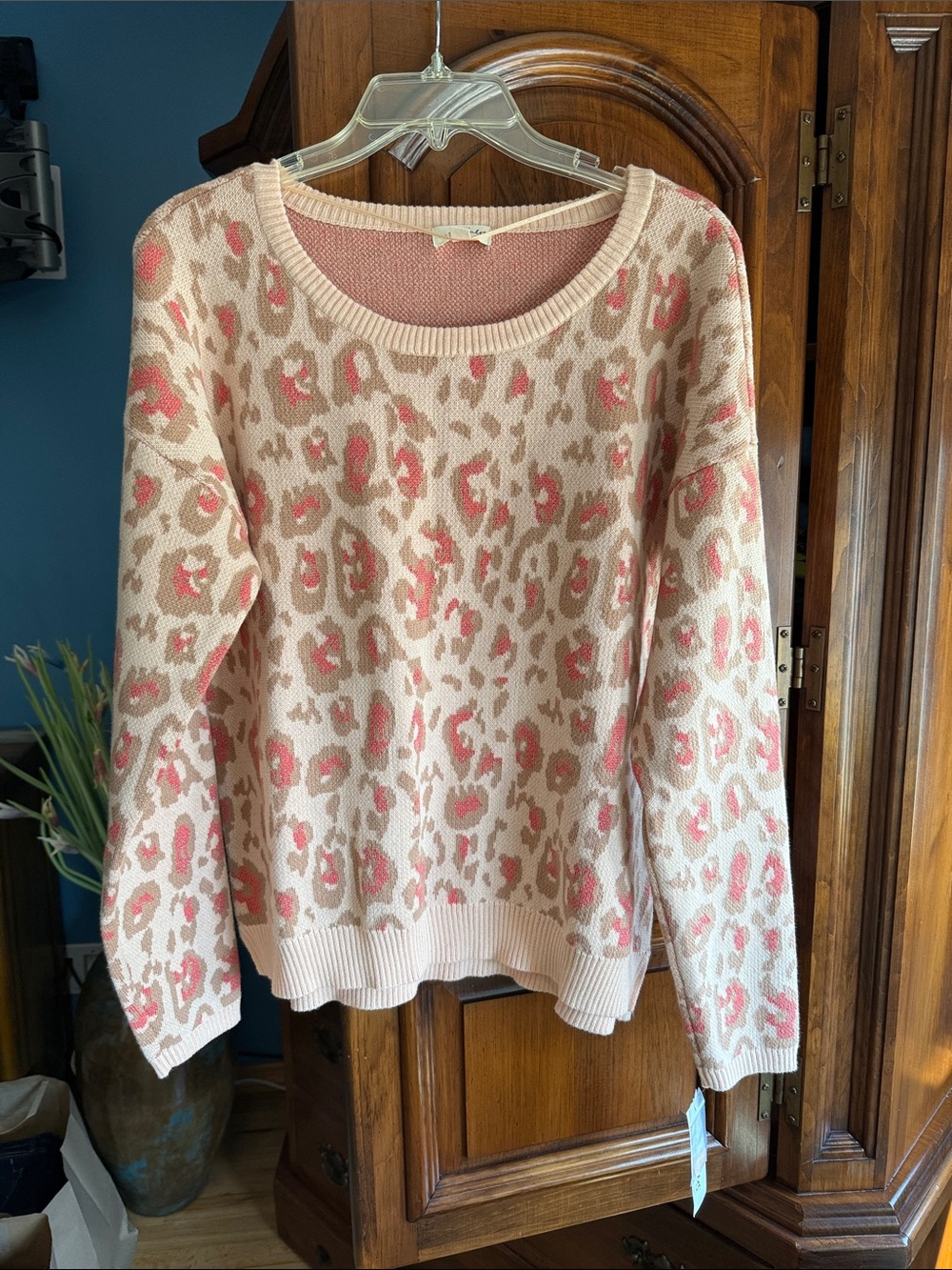 Maison Jules Pink and Tan Leopard Print Knit Sweater